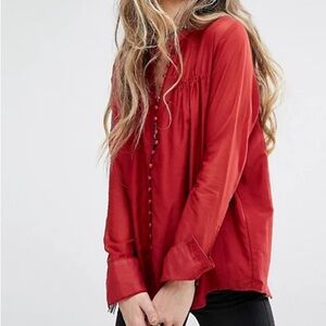 NWOT free people through and through top deep red long sleeve cotton silk blouse